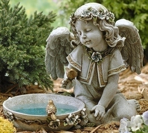 11" Solar Angel Birdbath, Outdoor statue . Dimensions: 10.75"H x 14"W 9"D . Resin/Stone Mix. Weight is approx. 6 lbs.