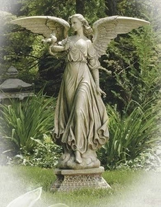 Walking angel garden statue on a pedestal.