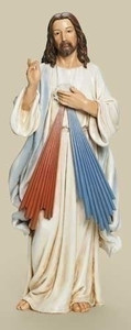 From the Renaissance Collection ~25" Divine Mercy Statue. Dimensions are:  25"H x 10"W x 7.5"D. Divine Mercy statues is made of a resin /stone Mix.