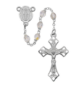 6mm Crystal Beads Rosary. Rosary as a rhodium Miraculous Medal Center and Crucifix. Deluxe Gift Box included