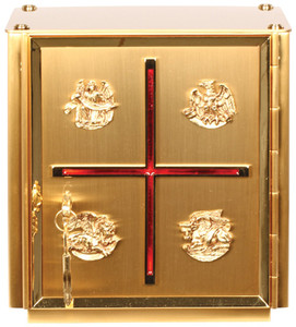 24k Two-tone gold plate. Red inlay cross and Four Evangelists on door.

10-3⁄4˝H. x 10-1⁄4˝W. x 10-1⁄4˝D.. Door opening: 9-3⁄4˝H. x 8-1⁄2˝W. Wt. 30 lbs.
