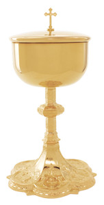 Ciborium 24Kt Gold plate, 10-1/2" tall, 225 host capacity based on 1 3/8" host. 
Proudly made in the USA