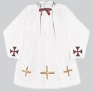 For Monsignors and Bishops. Surplice in gold-laminette embroidery on Kodel in three cross pattern as pictured. Lightweight polyester and combed cotton. Wash and wear. Permanent Press. Matching Alb Available (Style #5PA)