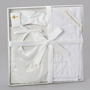 Three Piece Baptismal Set includes a Bib, Socks, and Blanket. Set is made of Polyester/Cotton, Spandex and Satin fabric. 