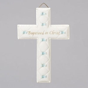 Bas Relief 6.5" Baptism Wall Cross  for a boy. This Baptism gift will be a delightful addition to the baby's nursery. It comes boxed for Baptism gift giving. Measures 6.5"H x 4.25"W x .5"D. Made of Resin/Stone Mix.