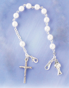 First Communion Pearl Bracelet with Chalice and Crucifix Charm. Claw closure 