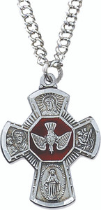 1 -1/4" x 7/8" Antique Pewter 4-Way Cross on a 24" rhodium plated chain. Center of cross is red enamel with the Holy Spirit. Perfect for a Confirmation gift!