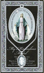 Mary Miraculous Medal ~ 1.125" Genuine Pewter Saint Medal with Stainless Steel Chain. Silver Embossed Pamphlet with Patron Saint Information and Prayer Included. Biography/History of Saint and gives the Patron's attributes, Feast Day and Appropriate Prayer. (3.25"x 5.5")