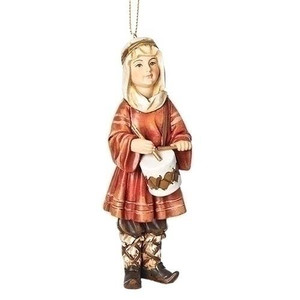 Ornament of drummer boy standing with drum strapped over shoulder and drum sticks in hand.
