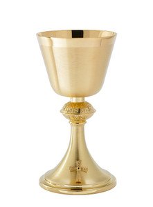 Chalice, A-158G, 24kt gold plate, Ht. 7 7/8". Holds 12oz. 5.5" scale paten included. 

8 7/8"H Ciborium is 24kt gold plate. Has a decorative node and cross on bottom. Holds 175 Host  based on 1 3/8" 