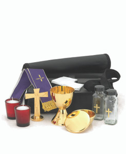 Travel Mass Kit includes: Chalice Ht. 4 5/8”. 7 oz. Cib. Bowl 3 1/8". Host 50. 3 1/2" cover or paten.Cross. Ht. 4 3/8”. Cruets 4 oz. Candles 2". Soft Vinyl Case 12 1/2" x 10" x 3".