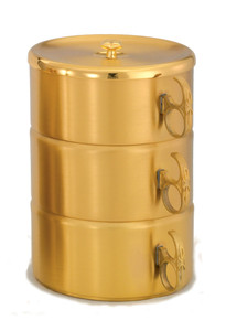 24K gold plate Single or Stacking Ciboria. Single Ciboria with no cover measures 2 1/4"H. Single Ciboria with  cover measures 2 1/2"H. Single ciboria holds 400 host based on 1 3/8" host. 3 Piece Set has 750 host capacity. The ciboria have a high polish inside with a satin finish.  The full set height is 8”H. Bowl diameters are 5 1/2"D.