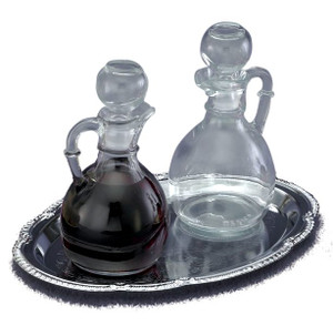 The Set of Cruets and Tray-Cruet Set: Glass Cruets - 6 ounce capacity, Height: 6". Chrome Tray - 9 1/2" x 6 3/4"