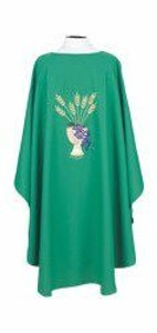 Ample cut (60"W x 52"L), lightweight, textured fortrel polyester-linen weave.  Multicolor Swiss Schiffli Embroidery on front only or front and back. Self lined stole is included with each chasuble. Available with roll collar at an additional cost.