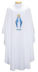 Ample cut (60"W x 52"L), lightweight, textured fortrel polyester-linen weave.  Multicolor Swiss Schiffli Embroidery on front only or front and back. Self lined stole is included with each chasuble. Available with roll collar at an additional cost.