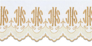 Beautifully embroidered designs on 100% pure linen with white or gold silk embroidery. Linens are hand-scalloped and 4 3/4 oz Linen, woven at 120 threads per inch. This fabric is sold by the yard and is available to an overall width of 52" and maximum length of 15 yards. We can hem your altar cloth to your requirements at an additional charge. Supply dimensions as shown on the diagram.  Please call 1 800 523 7604 for help with measuring and ordering. Fabric is priced per yard. Fabric is NOT RETURNABLE


 