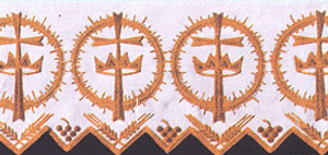 Beautifully embroidered designs on 100% pure linen with white or gold silk embroidery. Linens are hand-scalloped and 4 3/4 oz Linen, woven at 120 threads per inch. This fabric is sold by the yard and is available to an overall width of 52" and maximum length of 15 yards. We can hem your altar cloth to your requirements at an additional charge. Supply dimensions as shown on the diagram.  Please call 1 800 523 7604 for help with measuring and ordering. Fabric is priced per yard. Fabric is NOT RETURNABLE

 