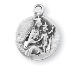 1/2" Sterling Silver Sacred Heart of Jesus Scapular Medal with a genuine rhodium 16" Chain and a deluxe velour gift box. Our Lady of Mt. Carmel is detailed on reverse side of pendant. 