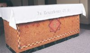 Embroidered with "In Remembrance of Me" 100% pure Linen Communion Table Cover with beautiful Swiss Schiffli embroidery (Verse of Your Choice) making it ideal for use on Communion Sunday or other festive occasions.  Minimum front drop 10". Have length and width of table along with drops required when calling to order.  Hemming and mitered corners included in price.  Call 1 800 523 7604 for assistance in ordering.