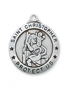 Sterling Silver Saint Christopher 1" X 7/8" Round Medal. St christopher is the Patron Saint of Travelers.  St Christopher Medal comes on a 24" rhodium plated chain in a deluxe giftbox. 