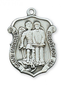 Sterling Silver Saint Michael Policeman's Badge 1 2/16" Medal. St Michael Policeman's Badge Medal comes on a 20" rhodium plated chain.  A deluxe gift box is included. Made in the USA.  