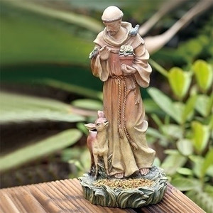 12" Saint Francis Bird Feeder. Resin/Stone Mix. Dimensions: 12"H x 4.5"W x 5.75"D