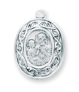 15/16" Sterling Silver St. Joseph Crown of Thorns Medal. The back of the medal has the guardian angel crossing the bridge. Medal comes with 18" genuine rhodium plated chain and comes in a deluxe velour gift box. Made in the USA