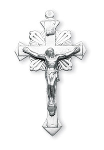 1 13/16" Men's Flare End Sterling Silver Crucifix ornate crucifix on 24" rhodium plated endless curb chain. Crucifix comes in a deluxe velour gift box. Made in the USA