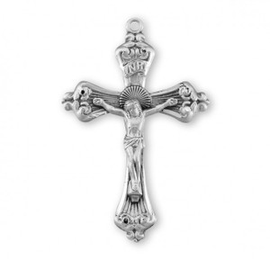 Men's Baroque Scroll Tipped Sterling Silver Crucifix sterling silver crucifix on a 24" Genuine rhodium plated endless curb chain. Comes in a deluxe velour gift box. Made in the USA