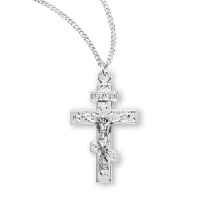 3/4" Sterling Silver or 16kt Gold over solid sterling silver Byzantine crucifix pendant. Byzantine crucifix comes on an 18" genuine rhodium or gold plated curb chain. Dimensions: 0.9" x 0.6" (24mm x 14mm).  Crucifix comes in a deluxe velour gift box. Made in the USA