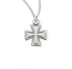 5/8" Women's sterling silver or 16kt Gold over solid sterling silver Maltese Cross. Cross comes on an 18" genuine rhodium or gold plated chain in a deluxe velour gift box. Dimensions: 0.6" x 0.5" (16mm x 12mm).  Made in the USA.
