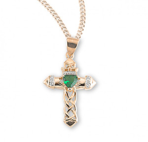 1.1" Irish Celtic Cross Pendant with Emerald Center and Cubic Zircons.  Gold over sterling silver cross pendant with emerald zircon comes  on an 18" genuine rhodium gold plated curb chain. This Celtic Cross comes in a deluxe velour gift box.  Dimensions: 1.1" x 0.7" (27mm x 19mm). Made in the USA