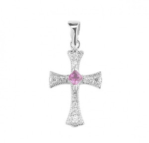 3/4" Sterling Silver Cross with a Fuschia Zircon in the Center with 6 Crystal Zircons. Includes an 18" Rhodium Plated Chain and a Deluxe Velour Gift Box.