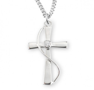 7/8" Sterling silver single set crystal zircon cross.  Solid .925 sterling silver leaf and vine design. Cross comes on an 18" genuine  rhodium plated chain. Dimensions: 0.9" x 0.5" (23mm x 13mm). Sterling Silver Single Set Crystal Zircon Cross comes in a deluxe velour gift box. Made in the USA