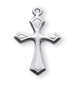 Women's Embellished Sterling Silver Cross - 1" Women's sterling silver or gold plated sterling silver cross comes on an 18" rhodium or gold plated curb chain. A deluxe velour gift box is included. Made in the USA.