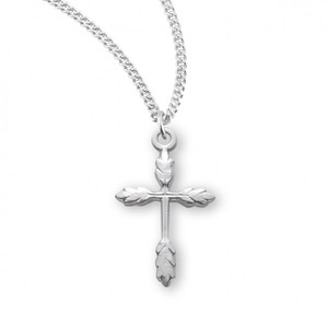 1 1/8" Women's sterling silver or 16k gold over solid sterling silver wheat cross on an 18" genuine rhodium or gold plated chain in a deluxe velour gift box. Dimensions: 1.1" x 0.5" (29mm x 12mm). Made in the USA