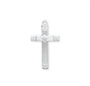 1" Women's Sterling silver or 16kt Gold over solid sterling silver cross. Cross comes on an 18" genuine rhodium or gold plated curb chain. Cross presents in a deluxe velour gift box. Dimensions: 1.0" x 0.6" (25mm x 14mm). Made in USA.