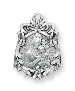 13/16" Sterling Silver Our Lady of Perpetual Help in Floral pattern.  An 18" rhodium plated curb chain is included with a deluxe velour gift box. Medal is made in the USA. 