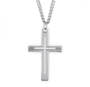 Men's Sterling Silver Lined Crucifix ~ 1 1/4" Men's cross on a 24" rhodium plated endless curb chain. Cross comes in a deluxe velour gift box.