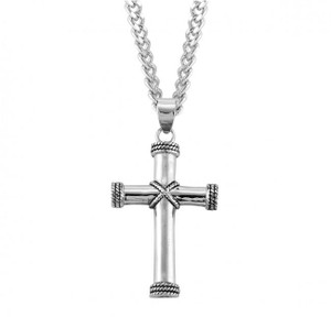 1 5/8" Men's Sterling Silver Rope design tip cross pendant.  Rope design tip sterling silver cross comes on a 24" rhodium plated curb chain. Dimensions: 1.5" x 0.9" (39mm x 24mm).  A deluxe velour gift box is included.