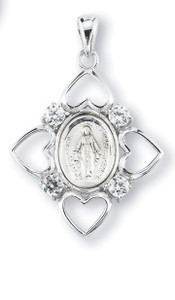 1 1/2" Sterling Silver Oval Shaped Miraculous Medal is set in a frame consisting of 4 hearts with 4 Swarovski Clear or Aqua Set Cubic Zircons set in between hearts. A 24" rhodium plated curb chain is included with a deluxe velour gift box. Made in the USA. 