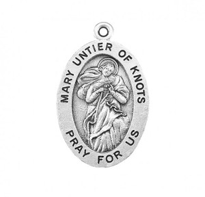 7/8" Sterling Silver Oval Mary Untier of Knots medal with an 18" Genuine rhodium plated curb chain. Comes in a deluxe velour gift box. Solid .925 sterling silver. Weight of medal: 1.9 Grams. Dimensions: 0.9" x 0.6" (24mm x 14mm).  Engraving available. Made in the USA. 