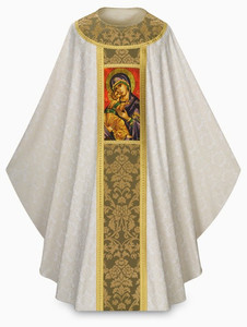 Our Lady of Perpetual Help Design~Chasuble in Tassilo with beautiful damask and design of Our Lady. With inside stole. Digitally printed design on damask banding. Width: 59", Length: 53". Plain neck. These items are imported from Europe. Please supply your Institution’s Federal ID # as to avoid an import tax. Please allow 3-4 weeks for delivery if item is not in stock