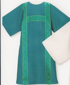 Dalmatic includes a lined and interlined crossover style deacon understole. Dalmatic is 51" wide x 52" long. Ample size measures 60" wide x 52" long. Available in all liturgical colors.