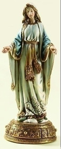 Our Lady of Grace . Resin/Stone Mix. 10.125"H x 4"W x 4"D. Drawer at base opens and contains scroll with prayer that reads: "Remember O' most gracious Virgin Mary that never was it known that anyone who fled to your protection, implored your help, or sought your intercession, was left unaided..."