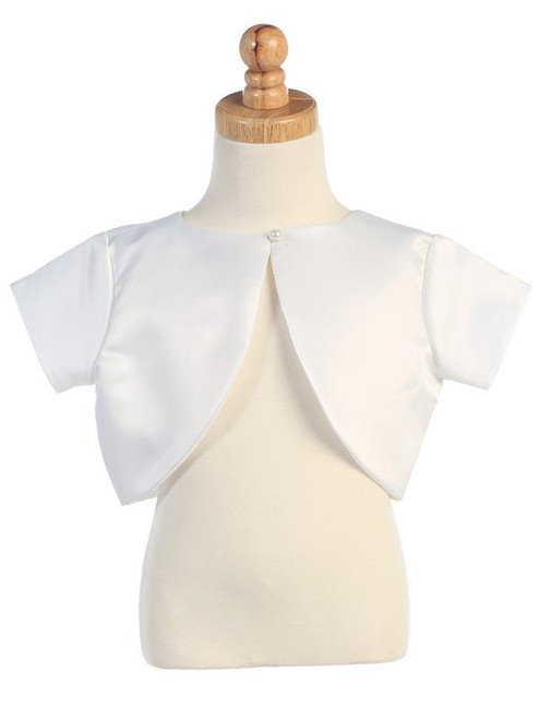 White Satin Bolero Jacket. 
XS fits 2T-3T
S fits 4-5
M fits 6-7
L fits 8-10
XL fits 12-14 