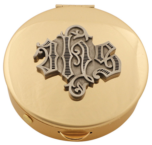 Brass Pyx with Pewter IHS Medallion – 12 Host Capacity