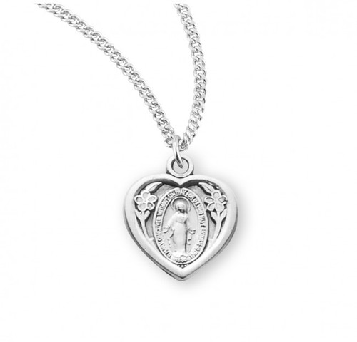 Sterling Silver or Gold-over Sterling Silver Floral Heart-Shaped Miraculous Medal - 18" Chain