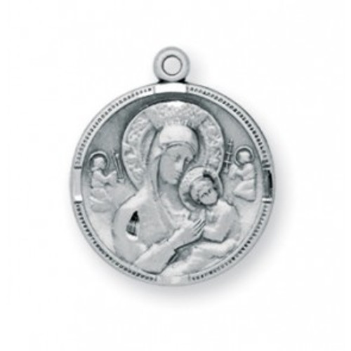 3/4" Sterling Silver Our Lady of Perpetual Help.  An 18" rhodium plated curb chain is included with a deluxe velour gift box. Made in the USA. 