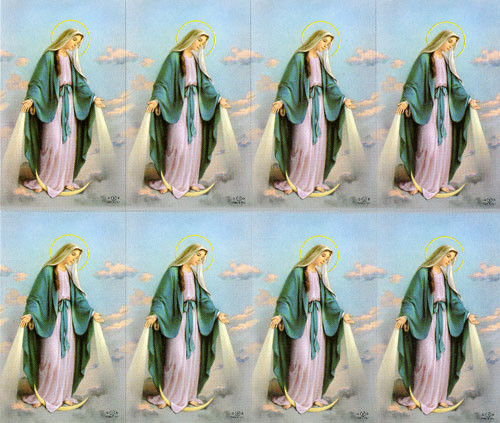 Our Lady of Grace Prayer Cards. Bonella artwork is known throughout the world for its beautiful renditions of the Christ, Blessed Mother and the Saints. 8 1/2" x 11" sheets with tab that separates into 8- 2 1/2" x 4 1/4" c cards that can be personalized and laminated at an additional cost.  ( Price per sheet of 8)